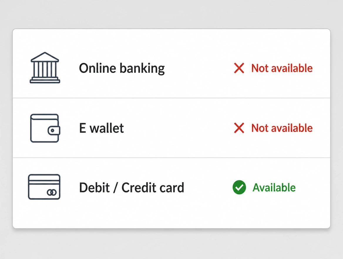 A payment methods list with online banking and e wallet marked not available in red