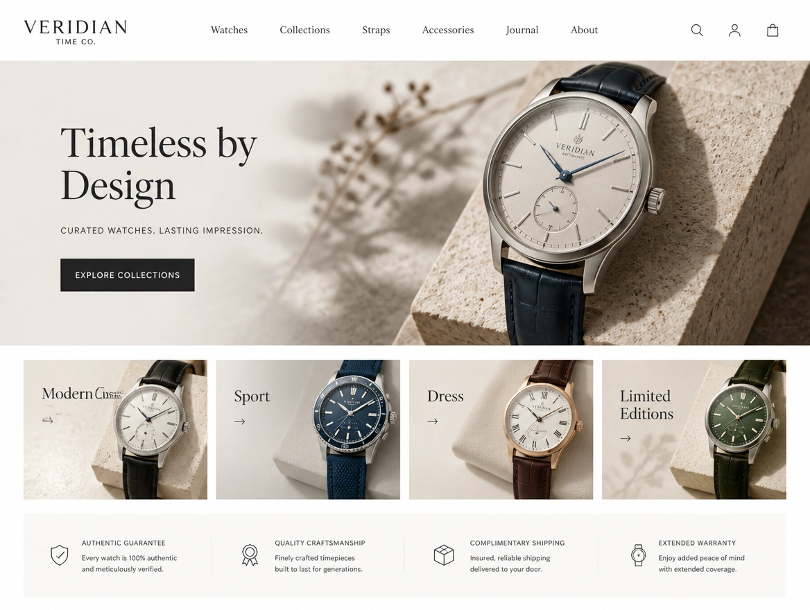 A luxury watch store home page with an editorial banner and category tiles