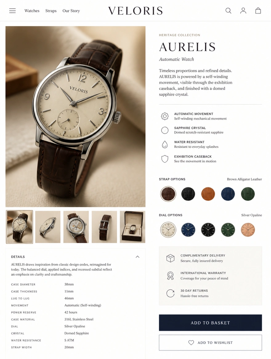 A wristwatch product page with a photo gallery, strap options and an add to basket button