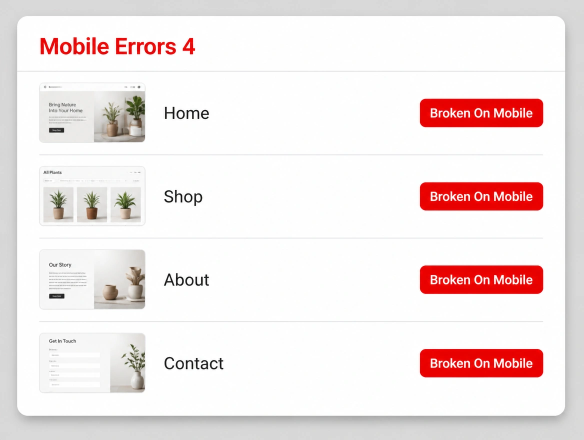 A page checklist with four store pages marked broken on mobile in red