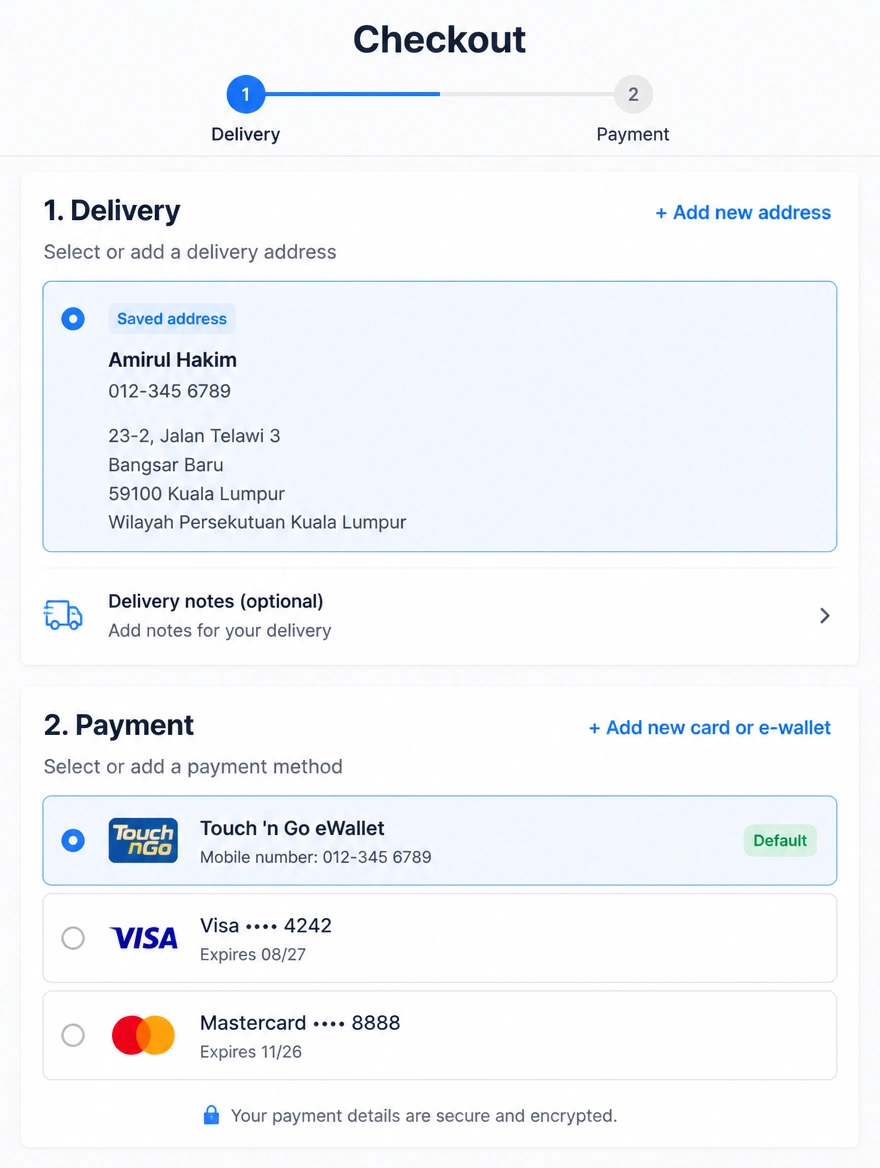 A short two step checkout with saved delivery details