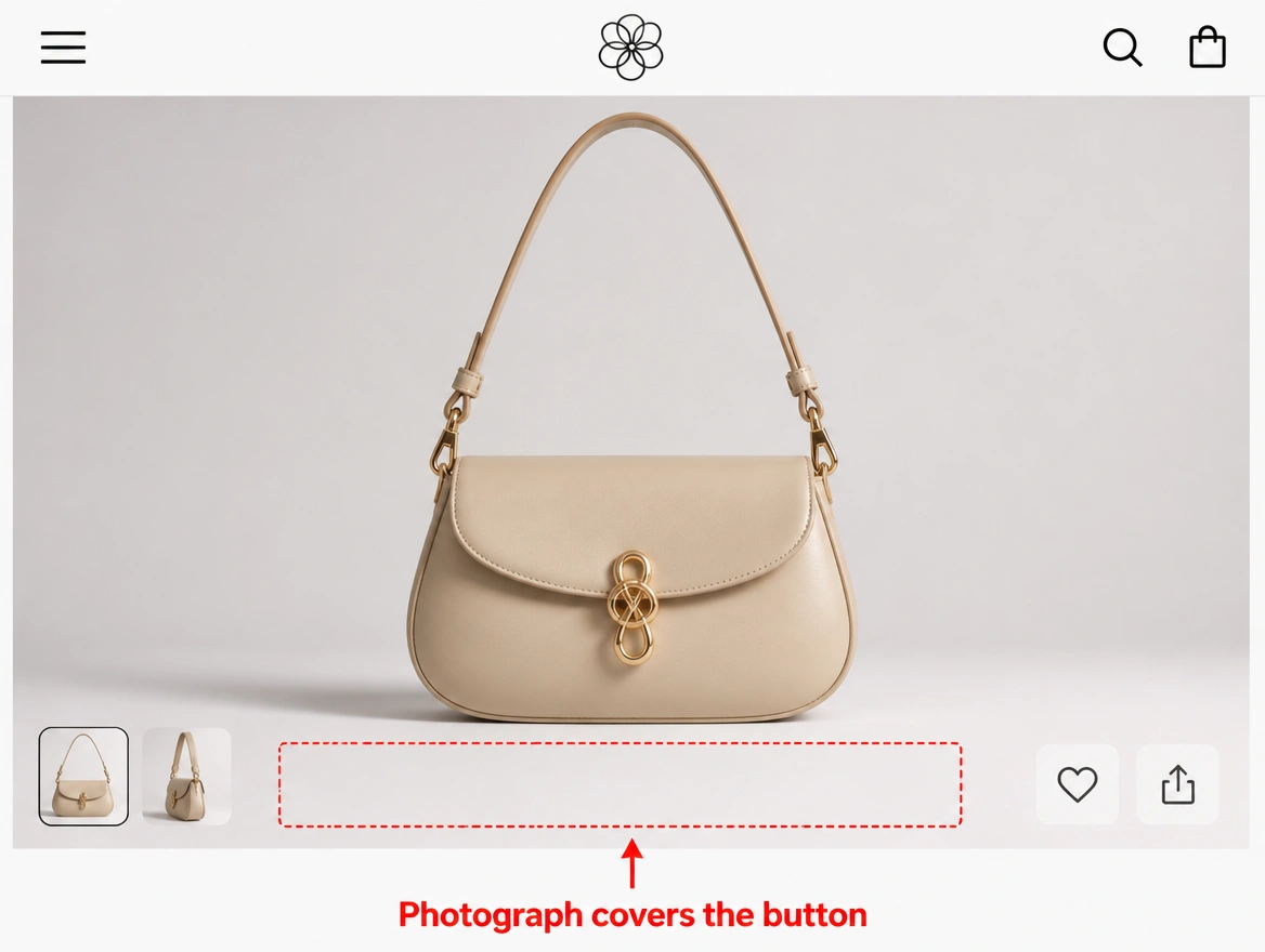 A phone width product page where photographs cover the buy button