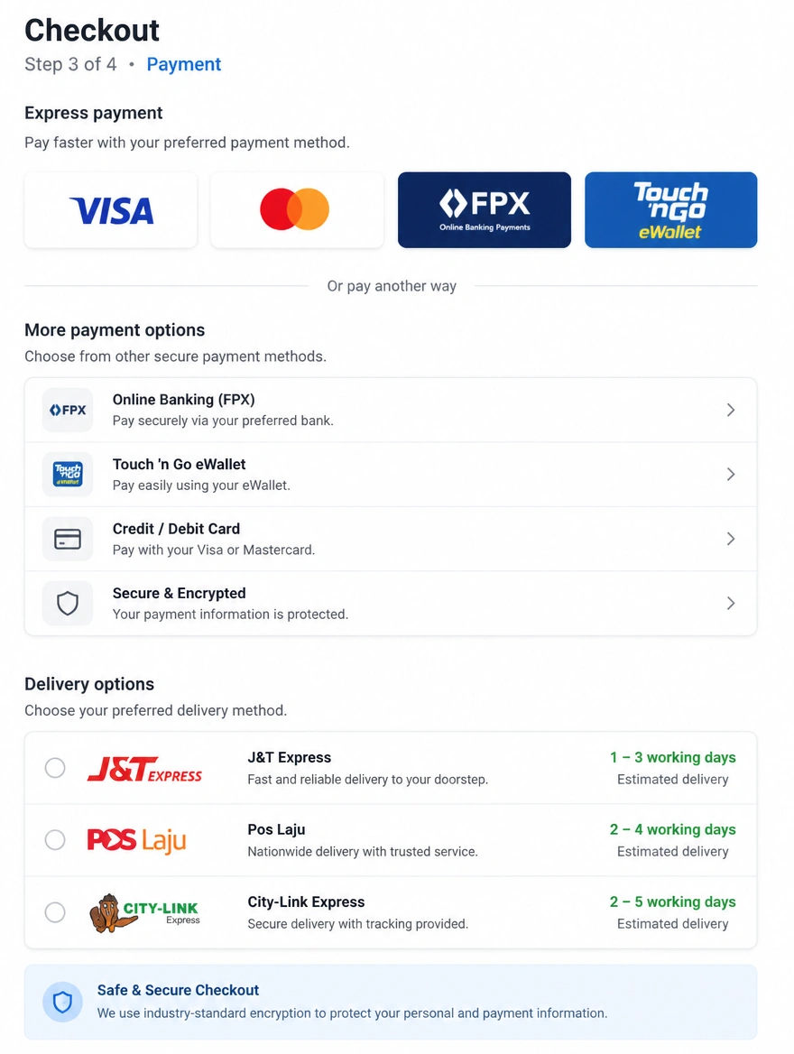 Store checkout page with express payment buttons and delivery options