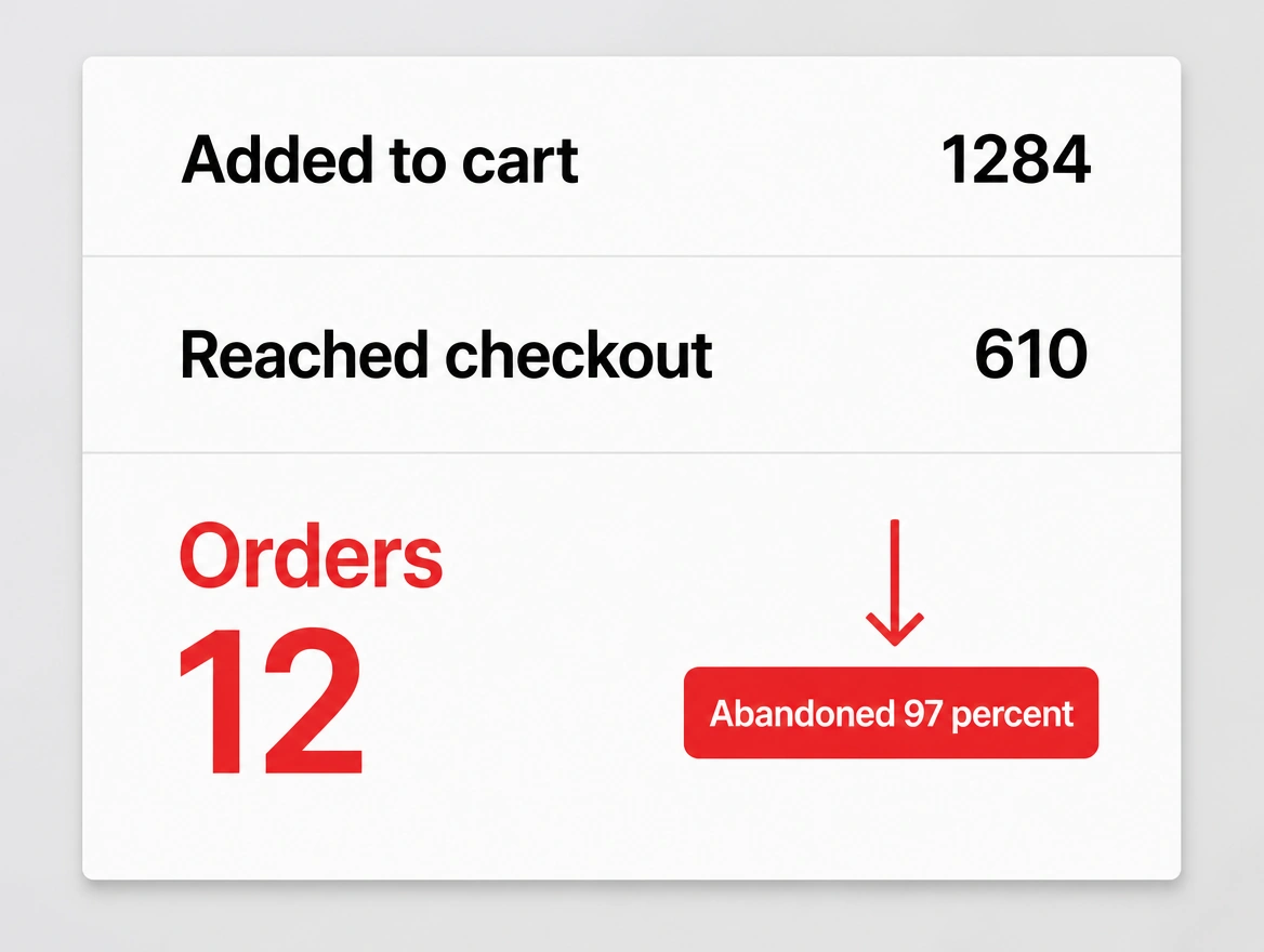 A store funnel report where the orders figure is far below the baskets created