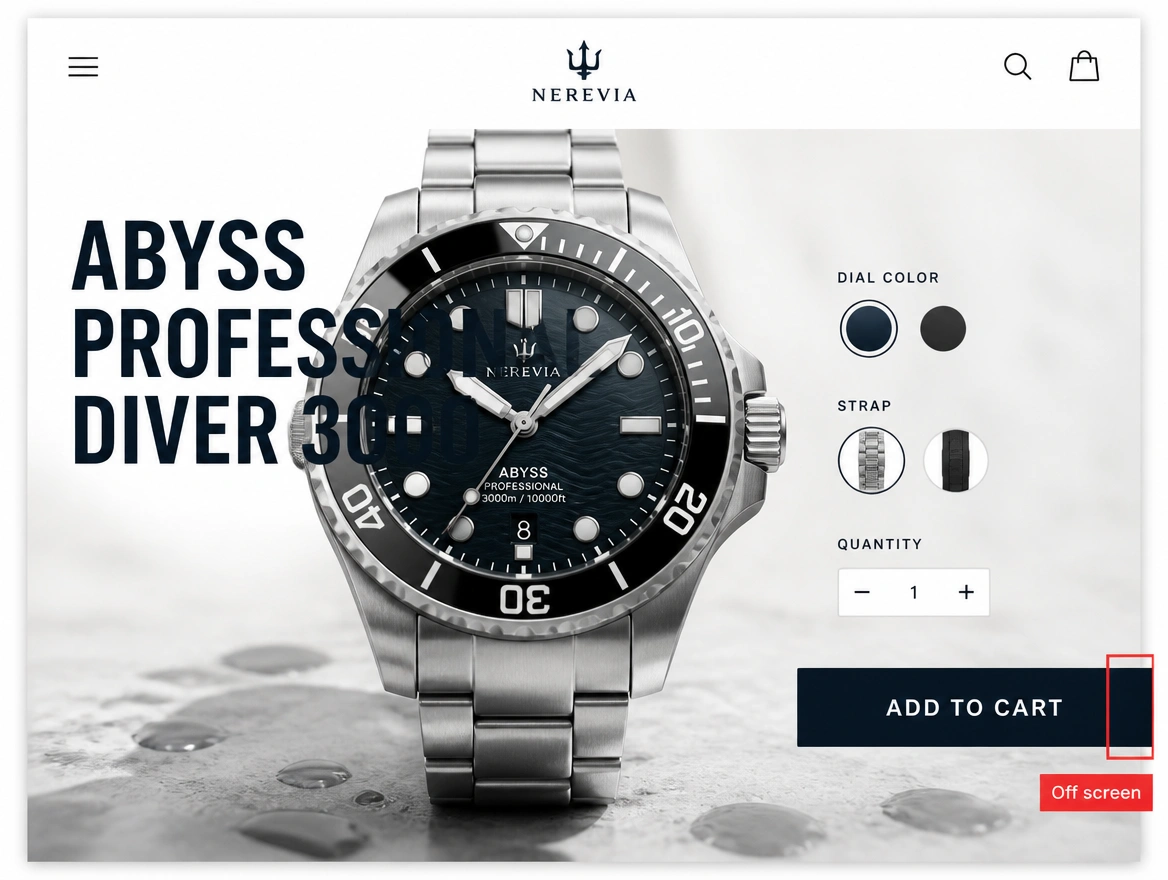 A product page where the add to cart button runs off the edge of the screen