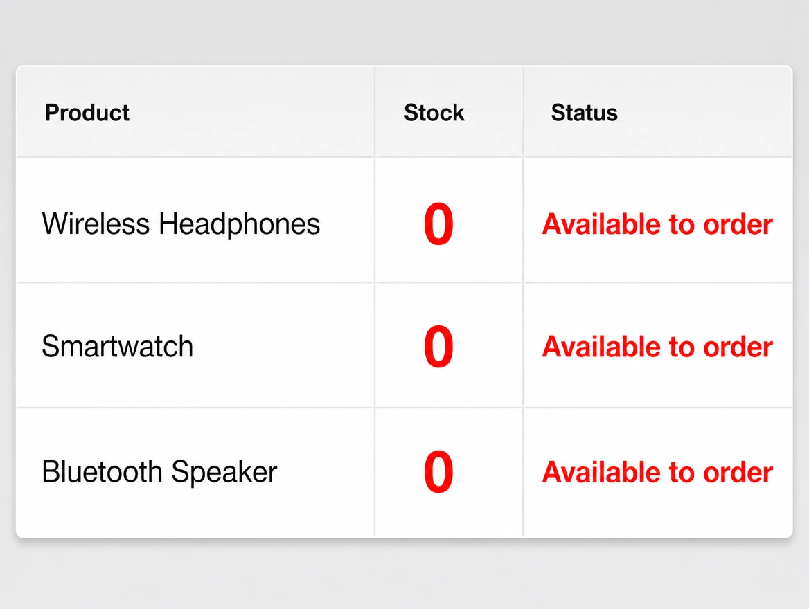 An inventory list showing zero stock while the status still says available to order