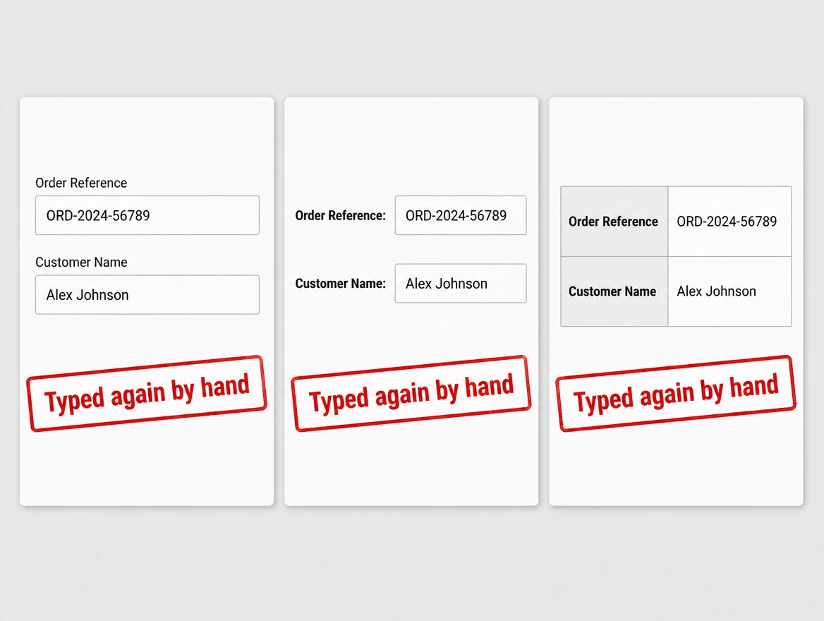The same order details retyped by hand into three different forms