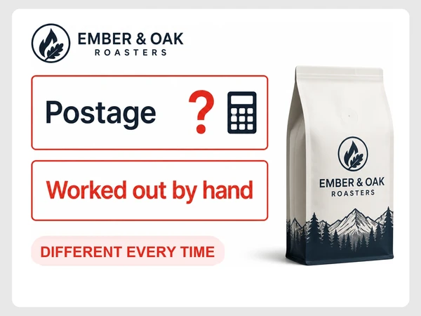 Ember & Oak Roasters order card shows Postage as a question mark and Worked out by hand in red.