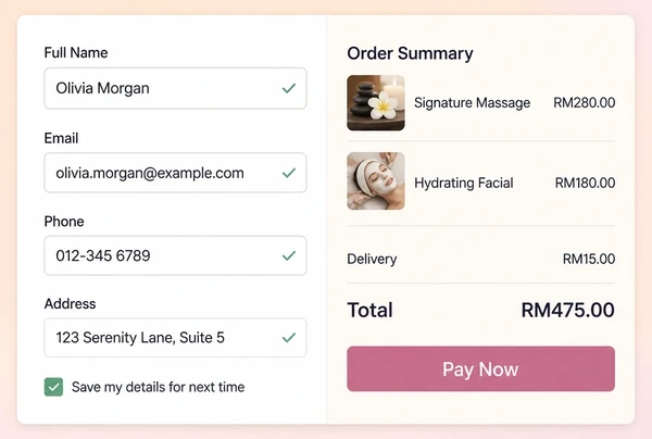 A day spa store checkout with a four field form and an order summary total