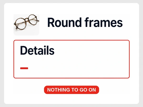Frame & Lens product page shows a tiny Round frames photo and an empty Details area outlined red.