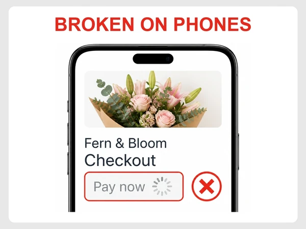 Fern & Bloom phone checkout shows a frozen spinner and disabled Pay now button beside a red X.