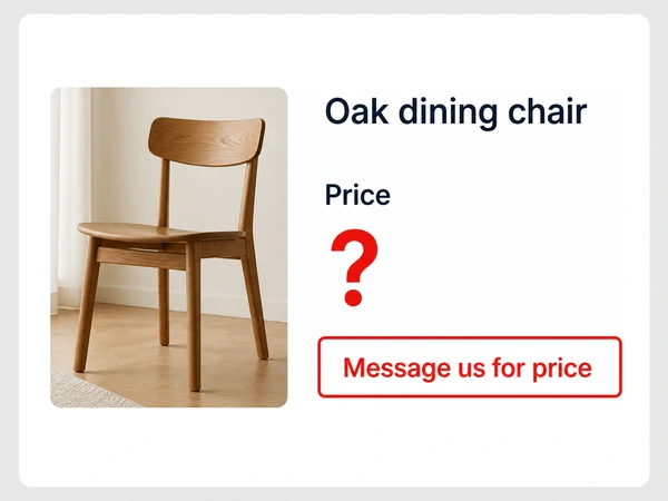 Teak & Linen Oak dining chair page shows a question mark and a Message us button inside a red outline.