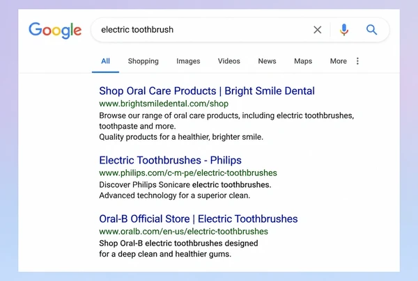 A Google results page where the top result is a dental practice category page