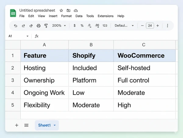 A Google Sheets comparison of Shopify and WooCommerce for a stationery brand store