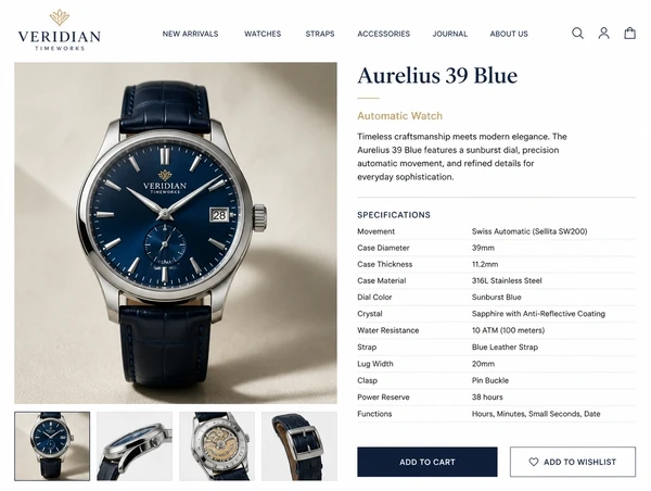 A luxury watch store product page with a large photograph and detailed specifications