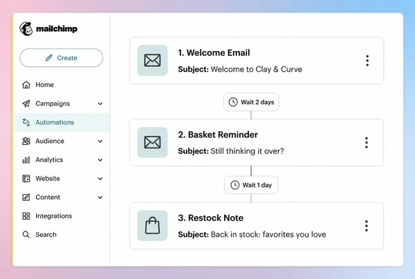 A Mailchimp automation for a ceramics studio store with three stacked email steps