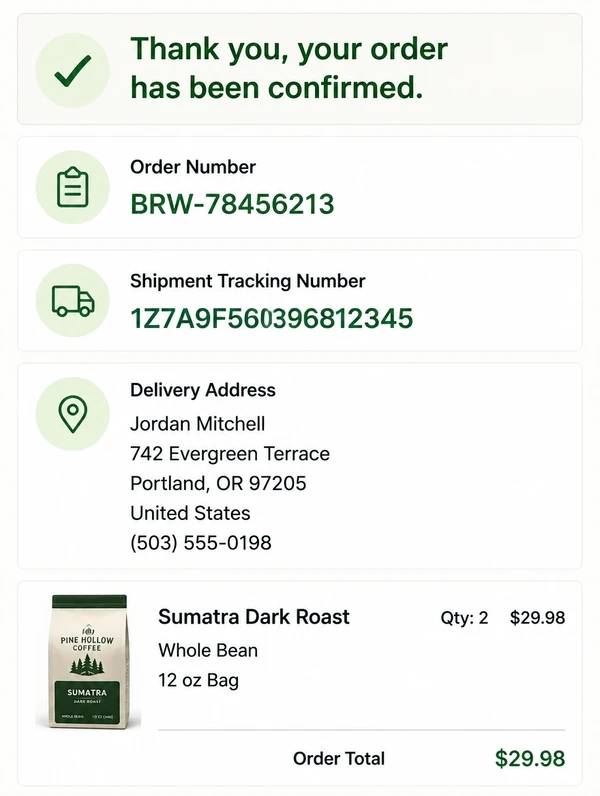 An order confirmation page for a coffee roastery showing the order number, tracking number and delivery address.