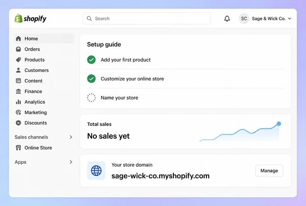 A Shopify admin home screen for a candle maker store with some of its setup checklist ticked