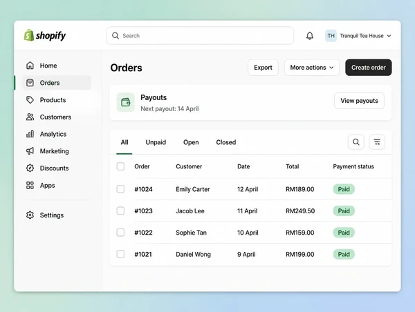 A Shopify orders screen for a tea house store showing four paid orders and a payout summary