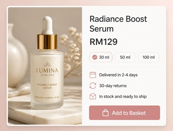 A skincare brand product page showing price, options and plain delivery and return lines