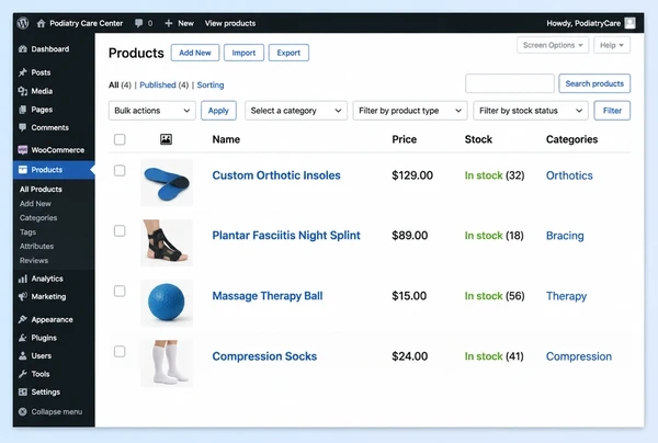 A WooCommerce products list for a podiatry practice store showing four products with stock counts