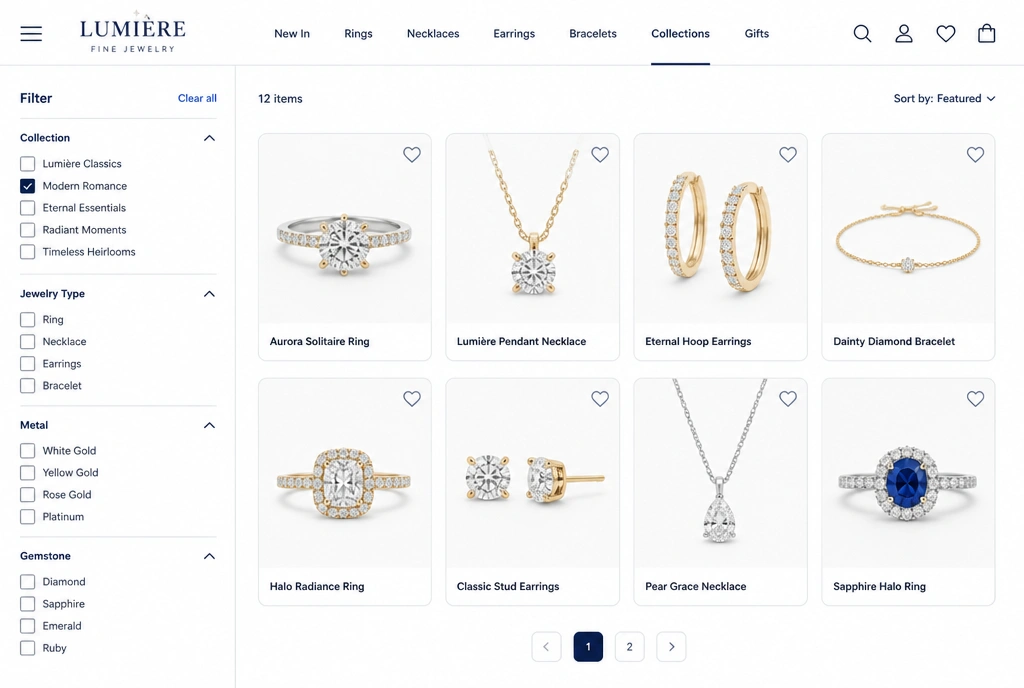 A fine jewellery store collection page with a filter panel and a grid of products