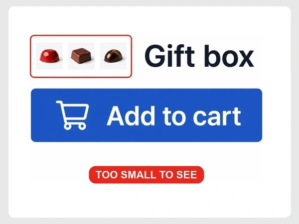 Noir Cacao product page shows three tiny Gift box thumbnails outlined red and labeled Too small to see.