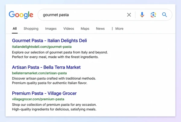 A Google results page where the top result is a delicatessen category page