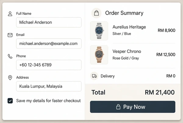 A luxury watches store checkout with a four field form and an order summary total
