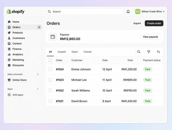 A Shopify orders screen for a wine merchant store showing four paid orders and a payout summary