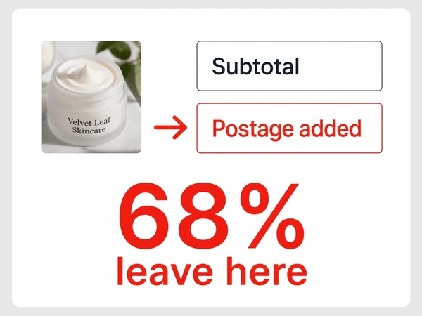Velvet Leaf Skincare checkout adds postage after the subtotal, with a red arrow and 68% leave here.