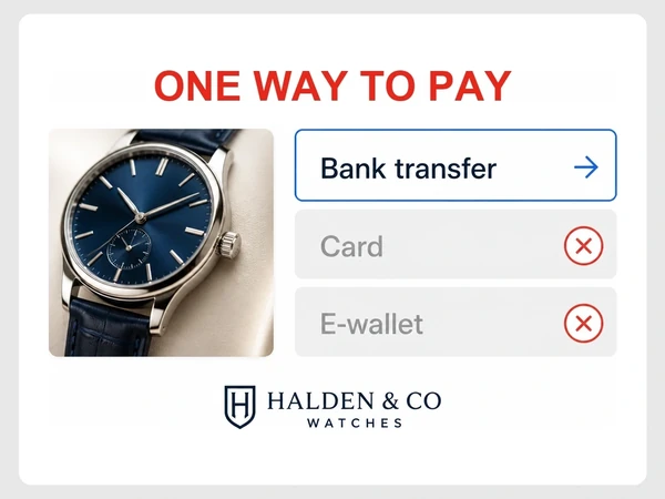 Halden & Co Watches checkout offers bank transfer while Card and E-wallet are disabled with red X marks.