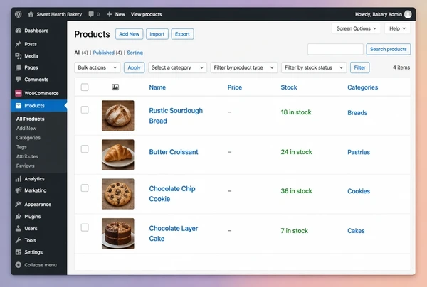 A WooCommerce products list for an artisan bakery store showing four products with stock counts