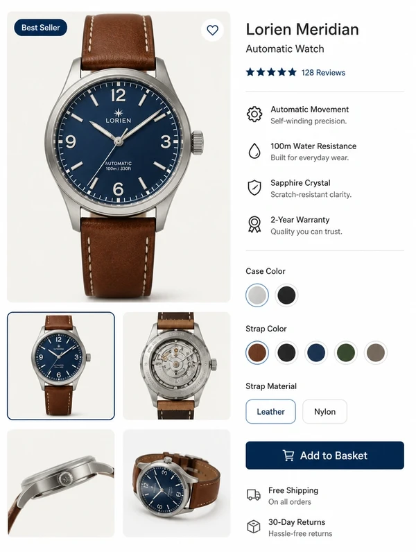 A wristwatch product page with a photo gallery, strap options and an add to basket button