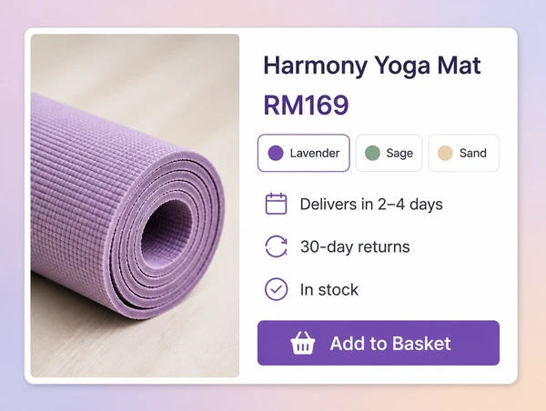 A yoga studio product page showing price, options and plain delivery and return lines