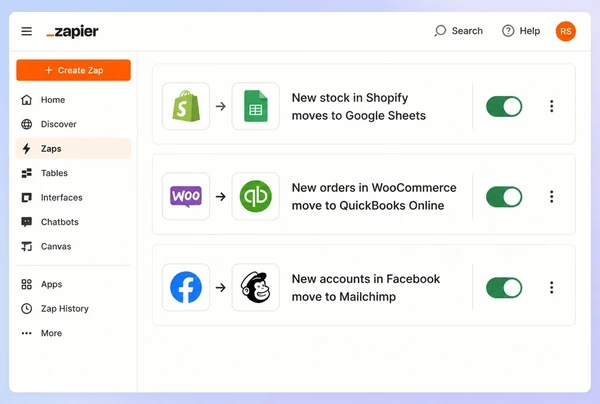 A Zapier screen with three connections moving stock, orders and accounts for a real estate store