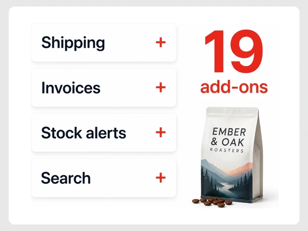 Ember & Oak Roasters stacks Shipping, Invoices, Stock alerts, and Search tiles beneath 19 add-ons.