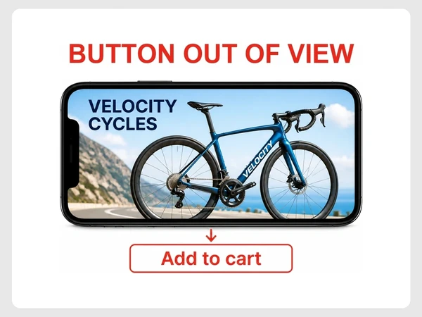 Velocity Cycles phone page has a bike photo filling the screen and Add to cart below the visible edge.