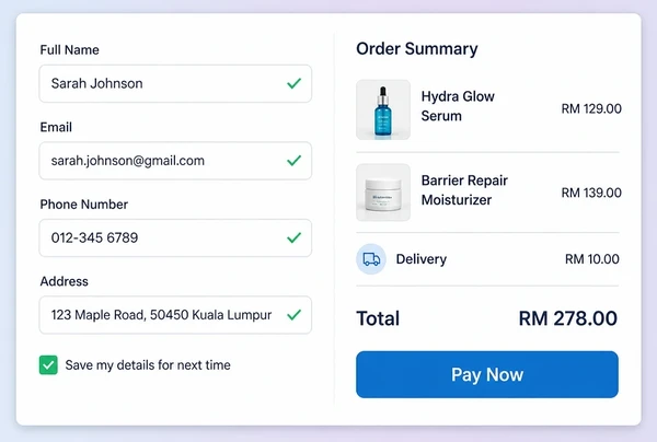 A dermatology clinic store checkout with a four field form and an order summary total