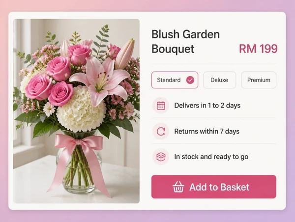 A florist product page showing price, options and plain delivery and return lines