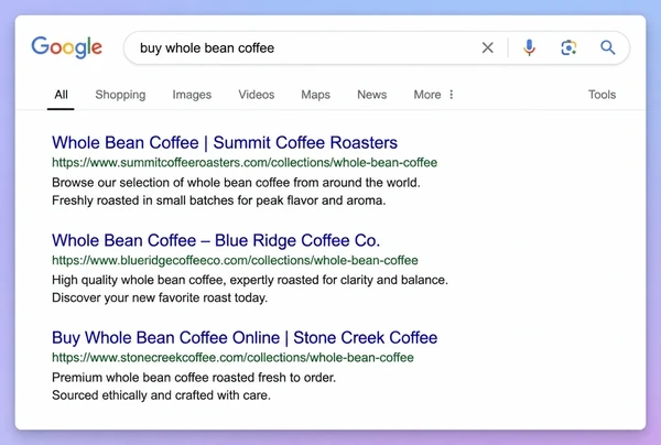 A Google results page where the top result is a coffee roastery category page