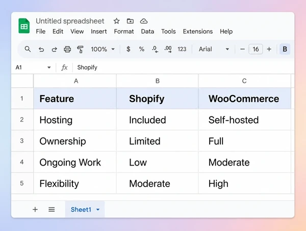 A Google Sheets comparison of Shopify and WooCommerce for a fashion boutique store
