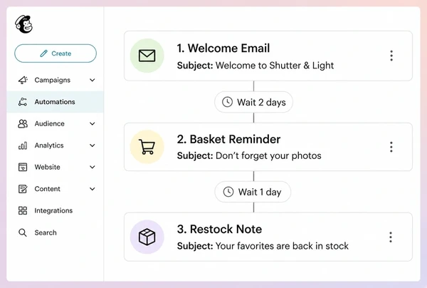 A Mailchimp automation for a photography studio store with three stacked email steps