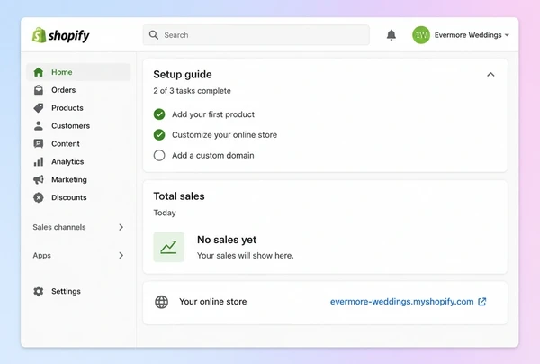 A Shopify admin home screen for a wedding planner store with some of its setup checklist ticked