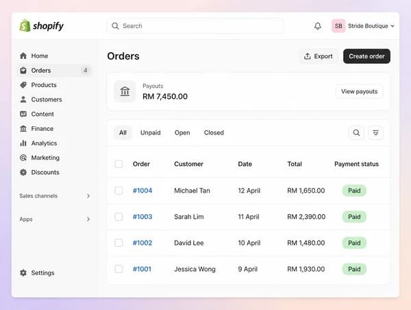 A Shopify orders screen for a shoe boutique store showing four paid orders and a payout summary
