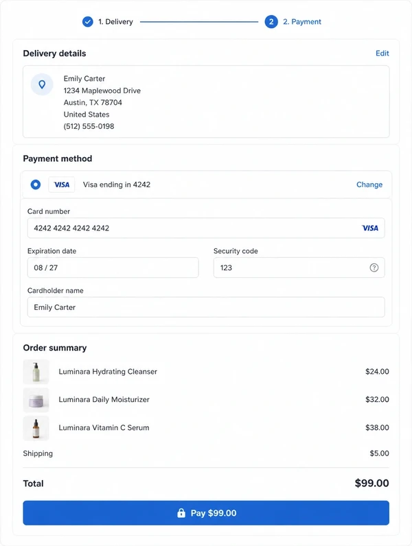A two step skincare checkout with saved delivery details, a card payment step and the order summary.