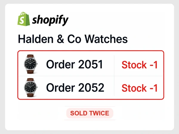 Halden & Co Watches Shopify list shows two orders for the same watch and red stock of negative one.