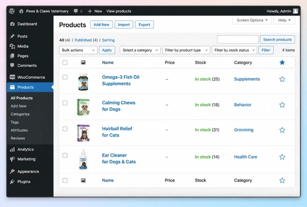 A WooCommerce products list for a veterinary practice store showing four products with stock counts