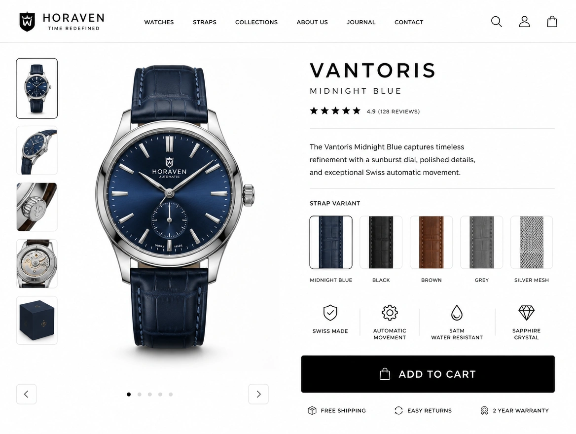 Luxury watch store product page with variants, ratings and an add to cart button