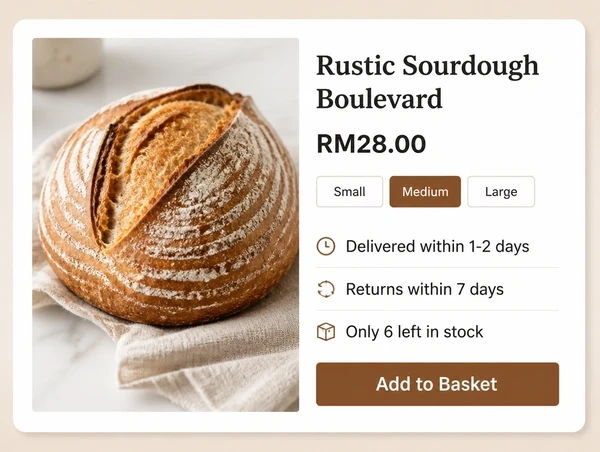 An artisan bakery product page showing price, options and plain delivery and return lines